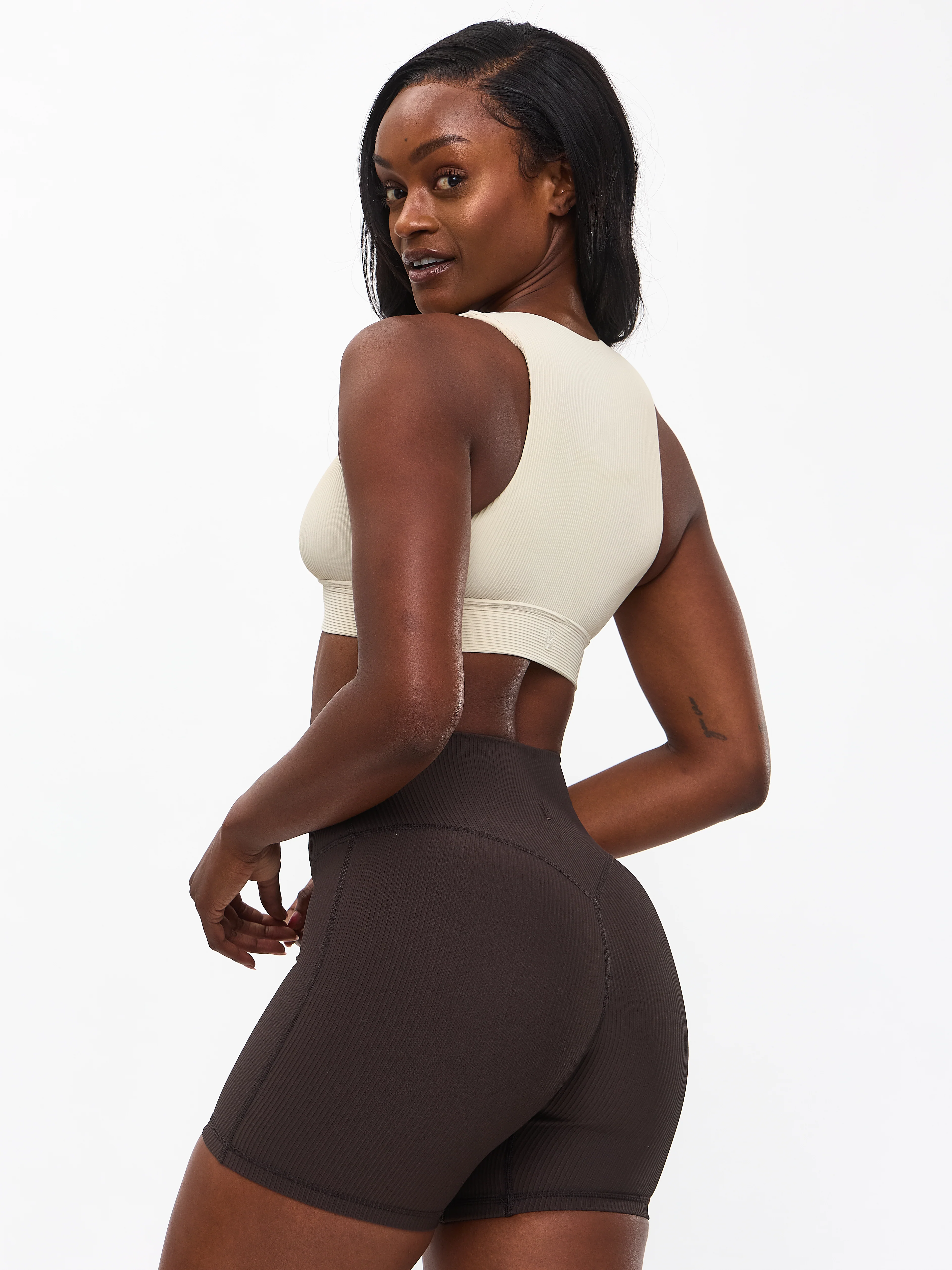 Ribbed Deep V Sports Bra - Bone - Image 2
