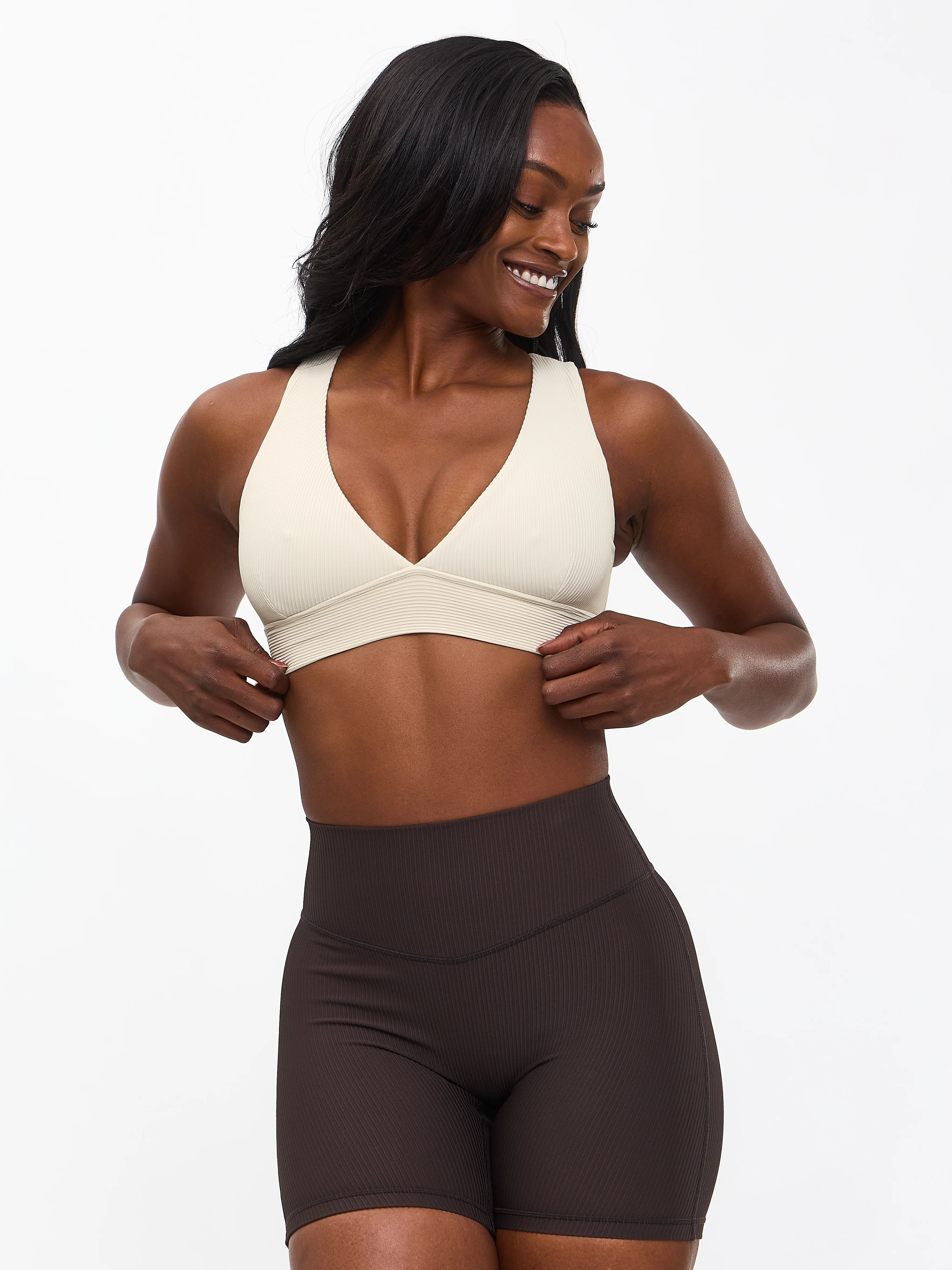 Ribbed Deep V Sports Bra - Bone - Image 3