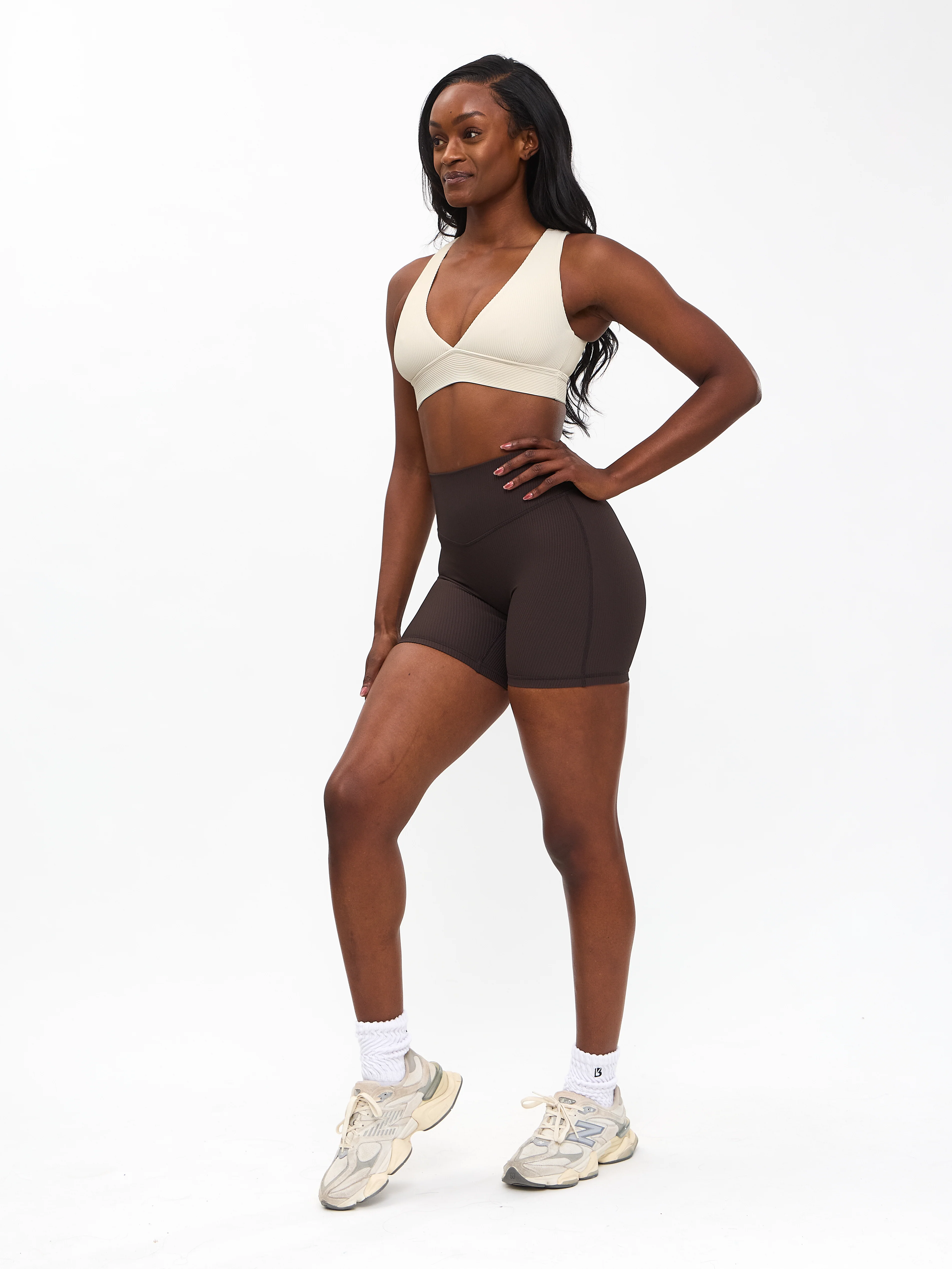 Ribbed Deep V Sports Bra - Bone - Image 4