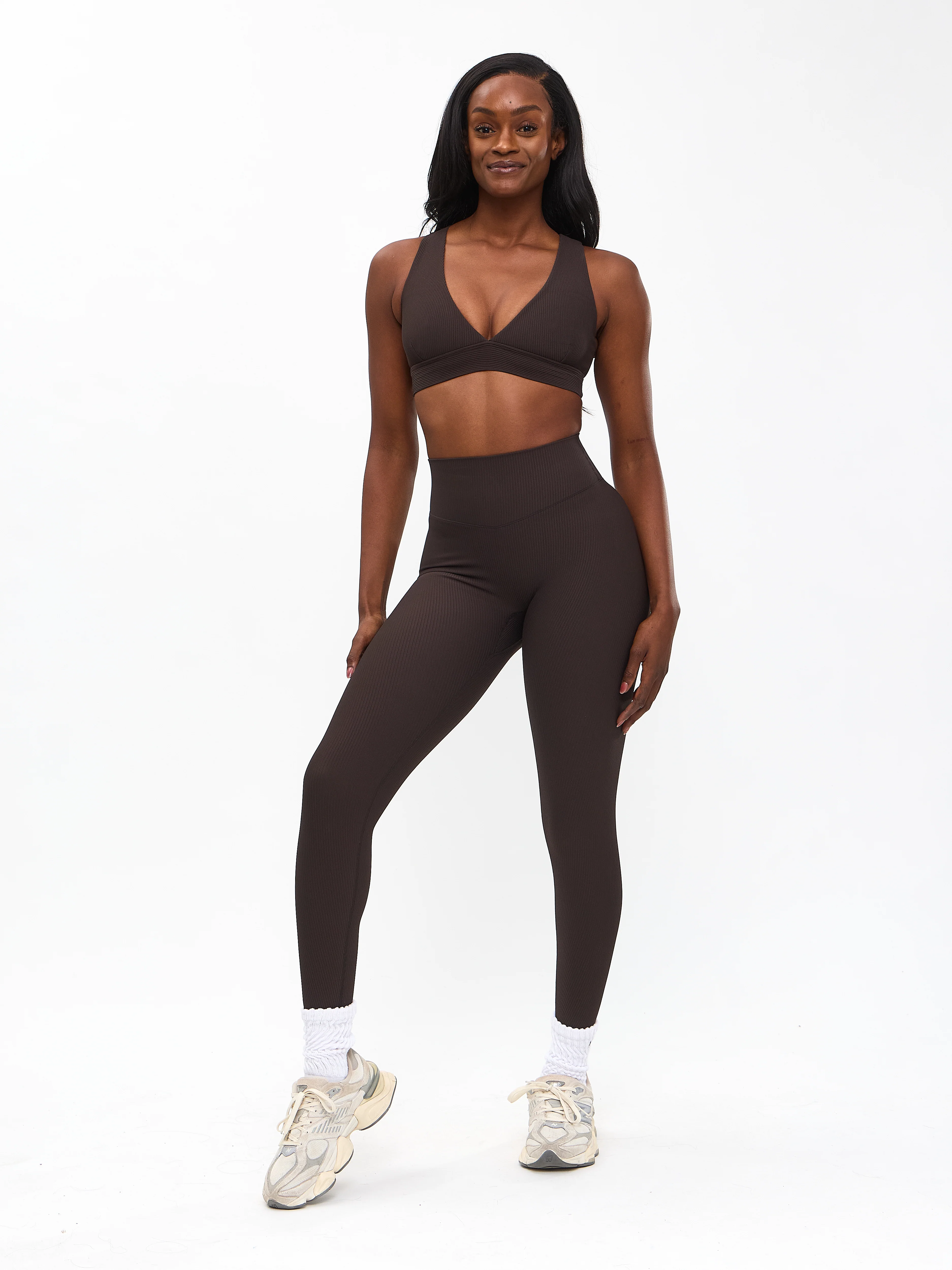 Ribbed Deep V Sports Bra - Cold Brew - Image 3
