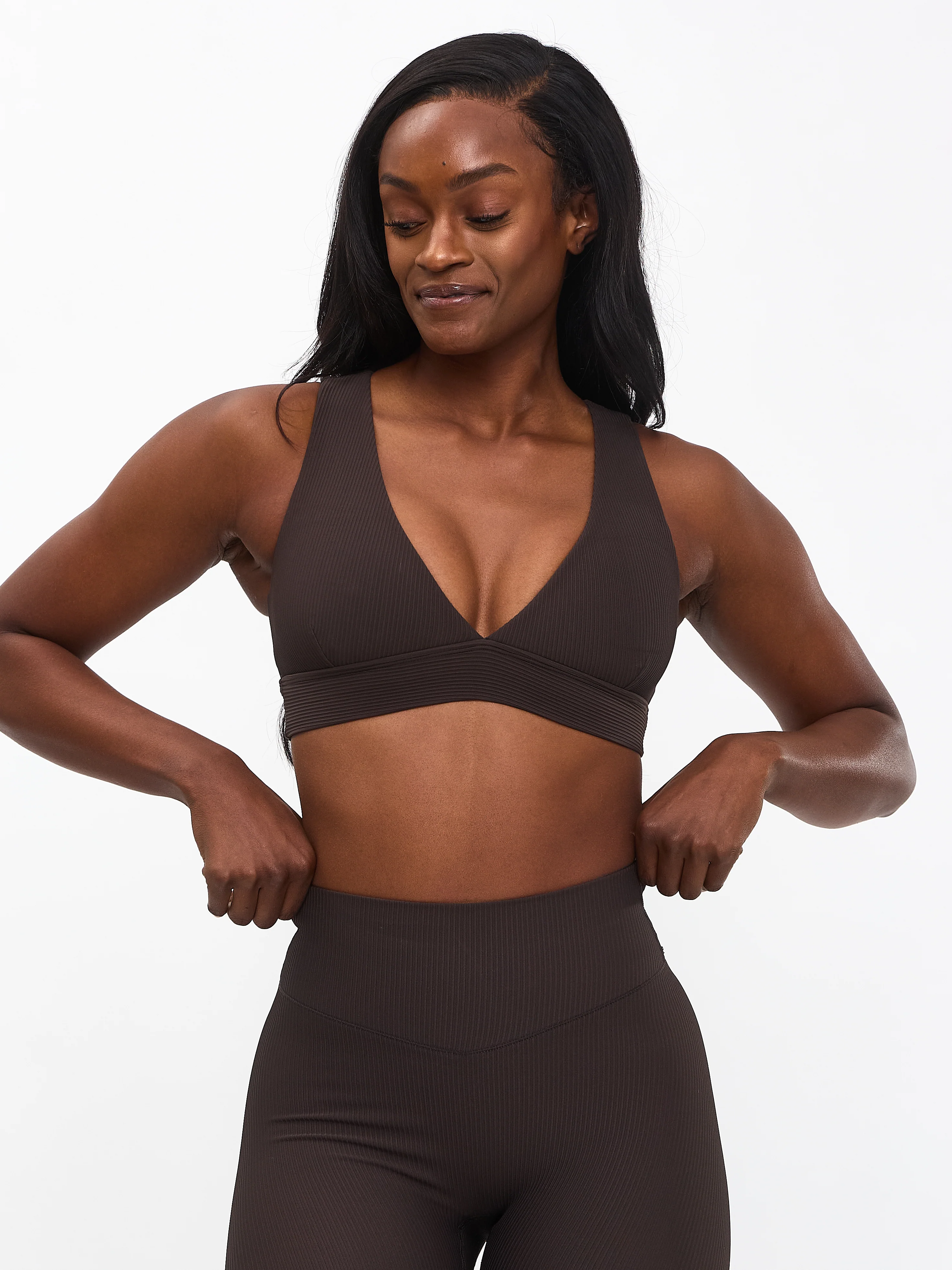Ribbed Deep V Sports Bra - Cold Brew - Image 4