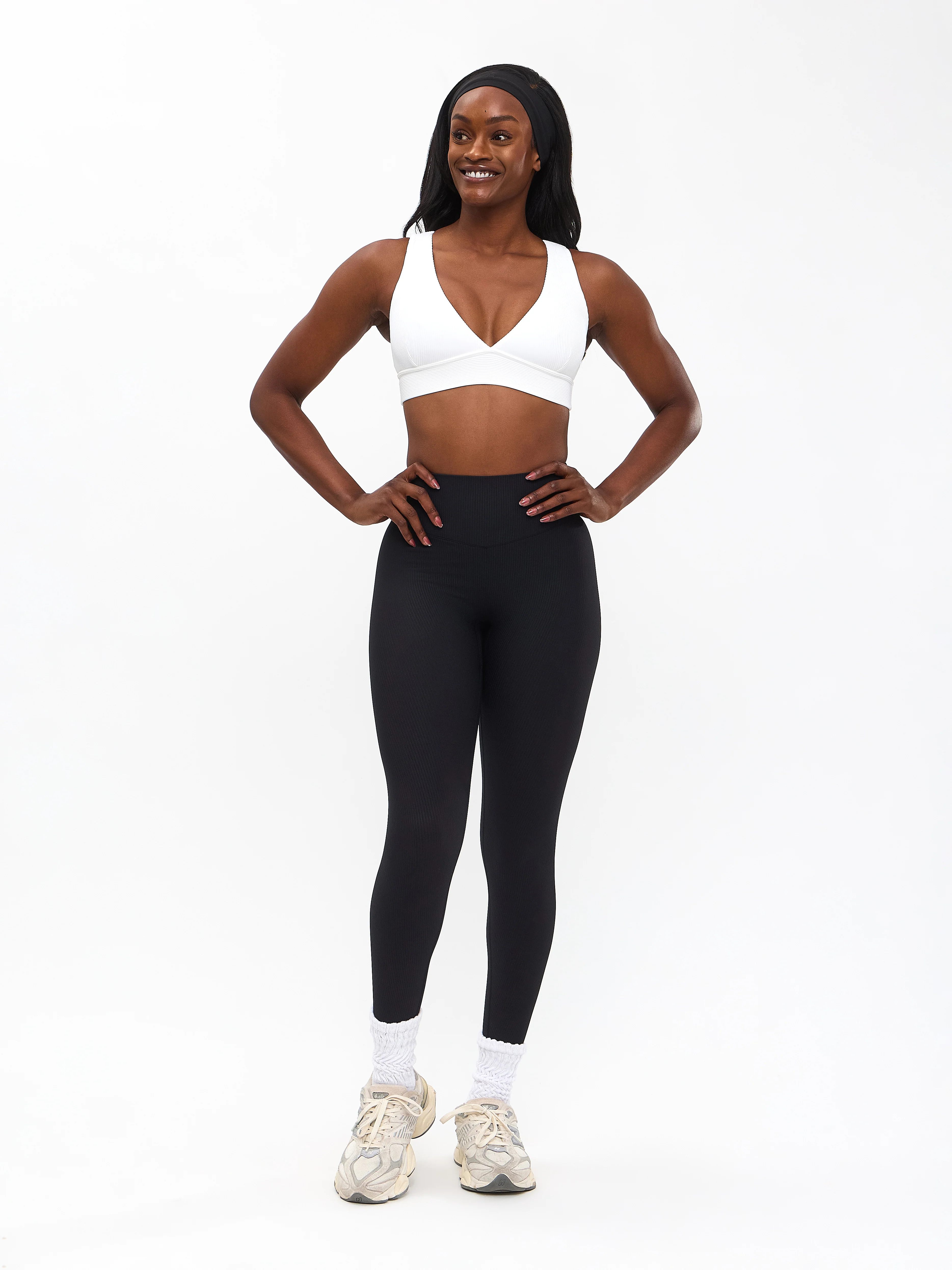 Ribbed Deep V Sports Bra - White - Image 3
